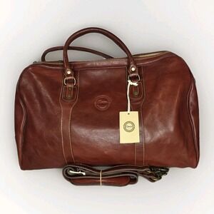Cenzo Holdall Leather Duffle Duffel Bag Classic Tan Saddle Brown Made In Italy